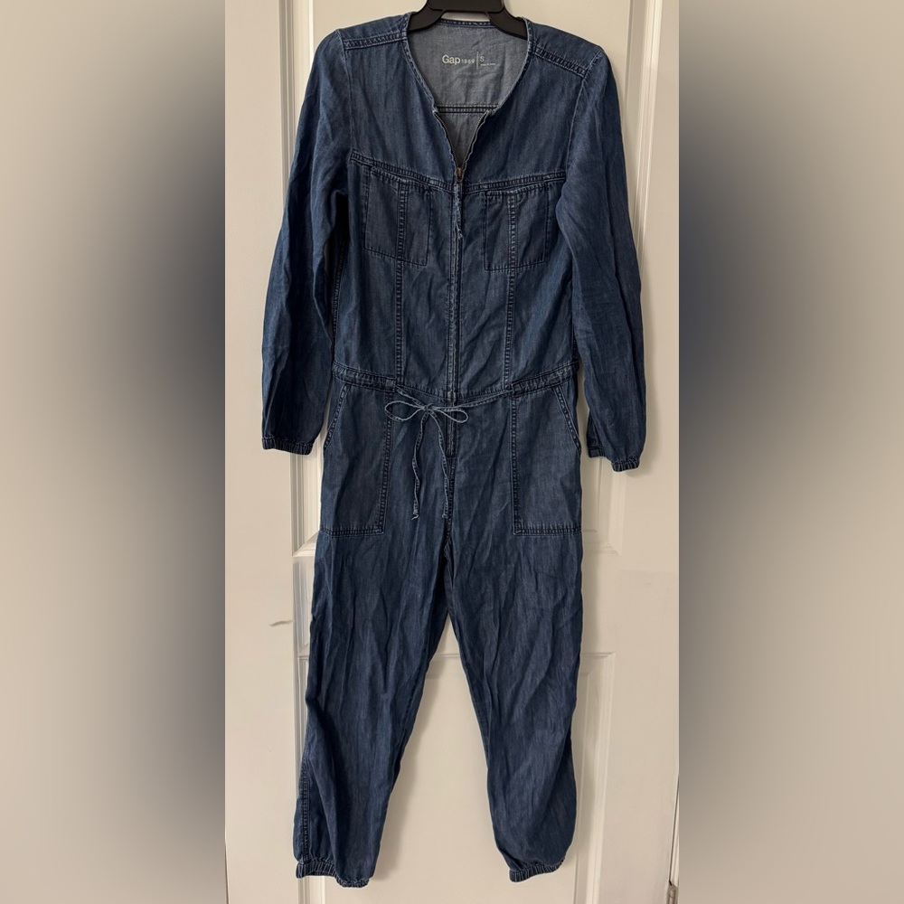 #x036 Gap Med Wash Blue Denim Jogger Zip Front Drawstring Cinch Waist Jumpsuit